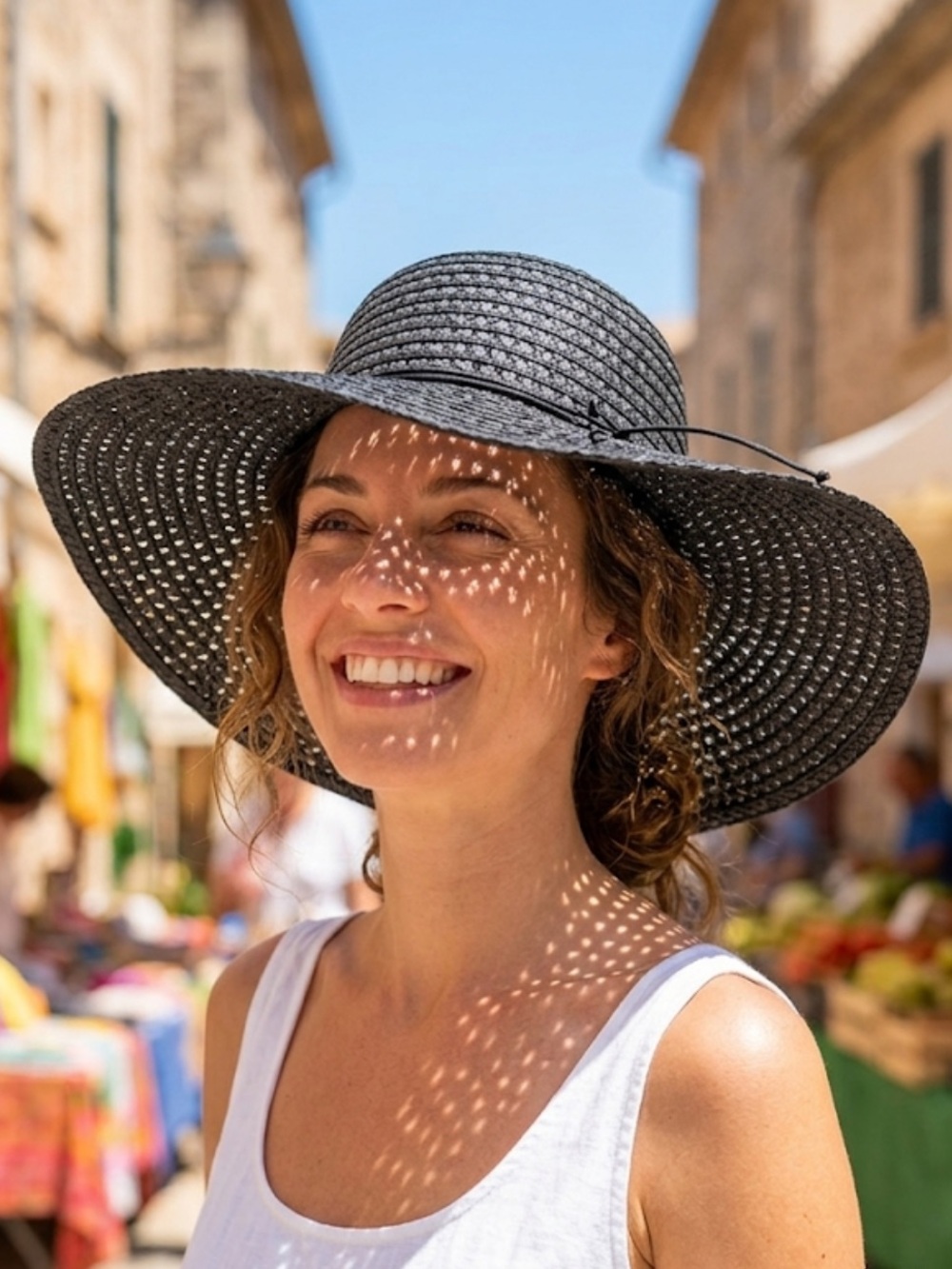 Black Wide Brim Straw Sun Hat with Tie String Accent Woven Breathable Design Hat